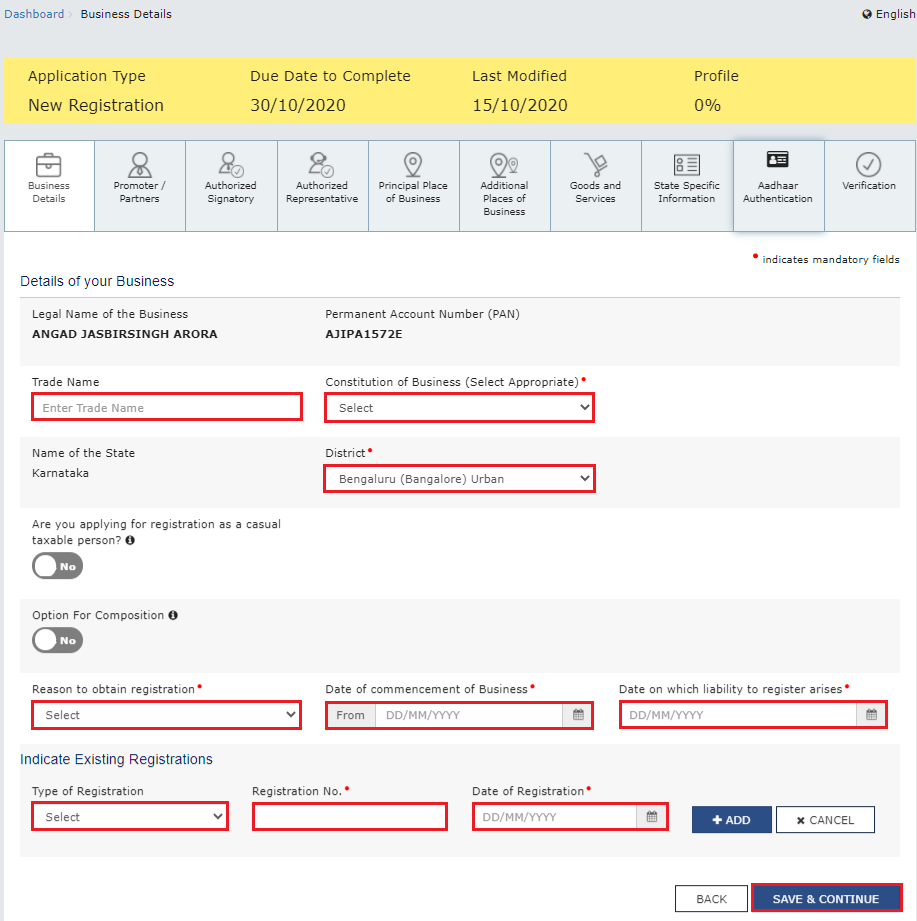 GST registration business details