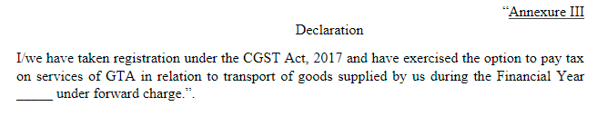 GTA declaration for forward charge