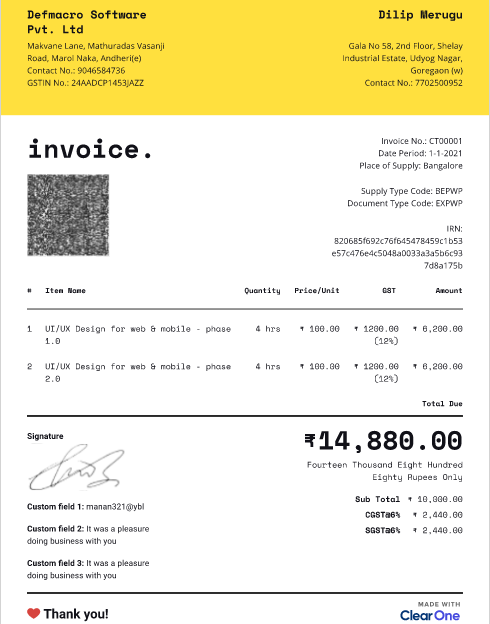 screenshot of a sample of tax invoice