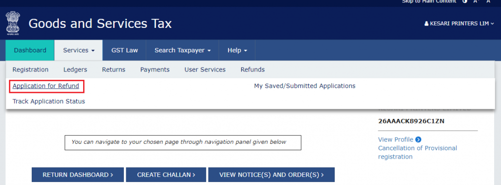 gst portal application for refund
