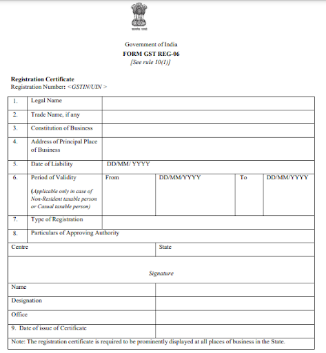 gst registration certificate form REG-06
