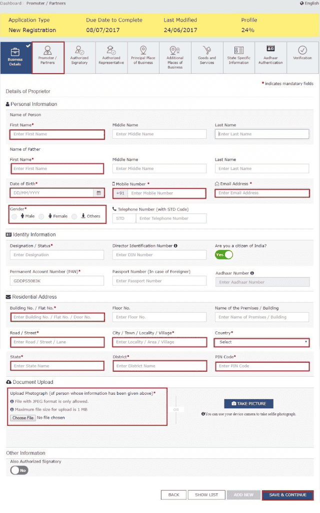 GST registration save & continue