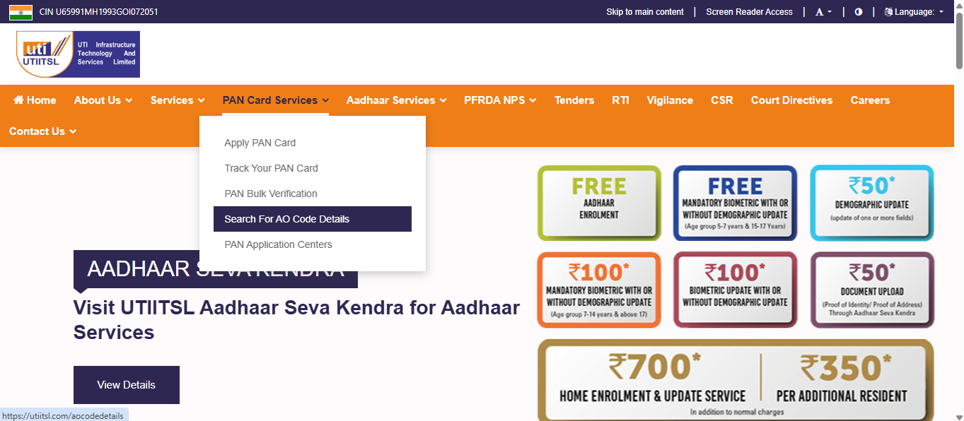 AO Code for a PAN card through UTIITSL