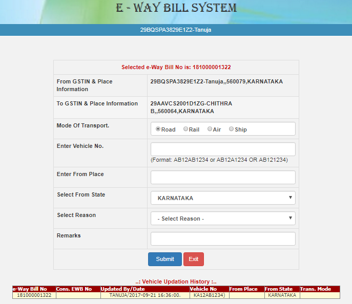 enter vehicle details for the selected e way bill