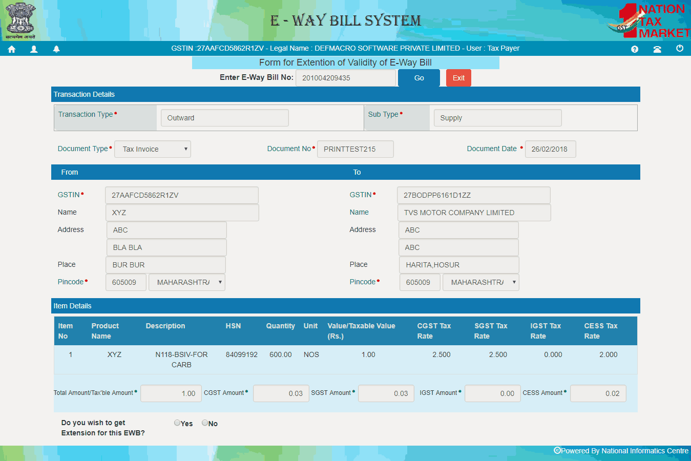 Form for extension of validity of e-way bill